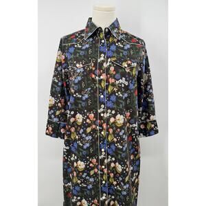 R13 x Liberty of London Cowboy Dress Black Floral Pearl Snap Shirtdress Midi S